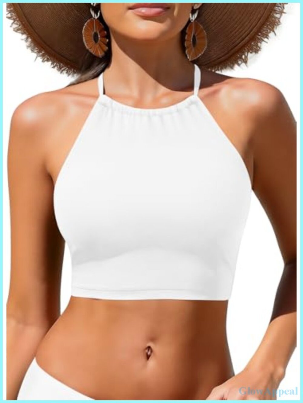 High Neck Halter Bikini Top Longline Crop Swimsuit Top Removable Pads